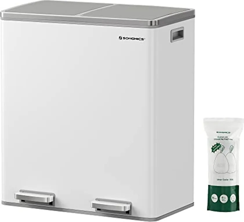 Szemetes,15 szemeteszsákkal, 2 rekesszel, műanyag belső vödrökkel és csukható fedelekkel, légmentesen záródó, fehér/ szürke