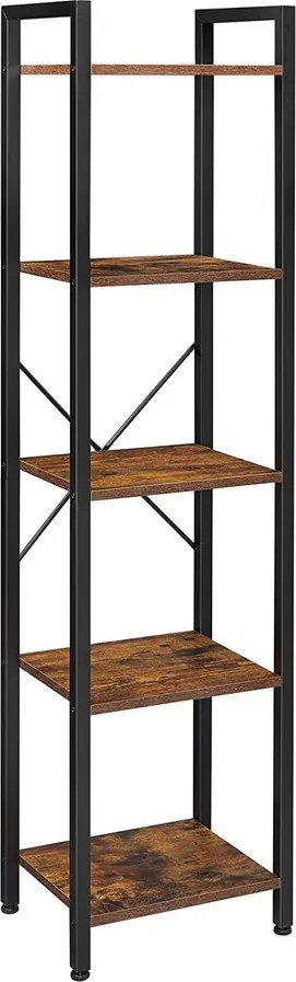 Könyvespolc, 5 szintes tároló állvány acél kerettel 40x30x146 cm, rusztikus barna és fekete