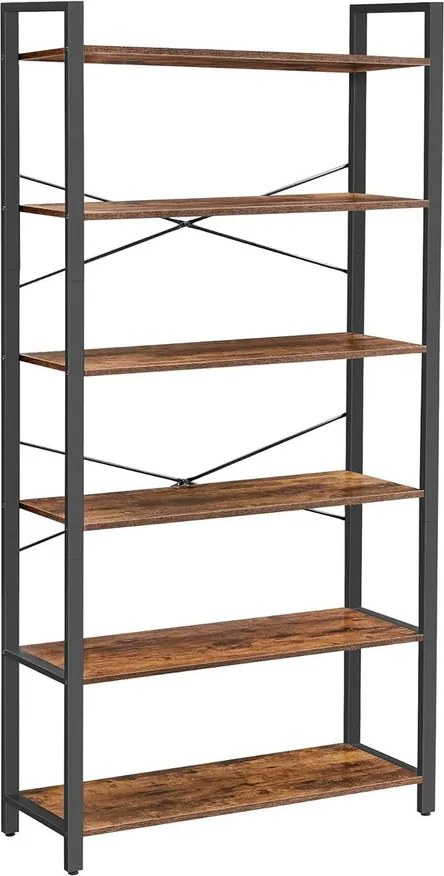 6 szintes könyvespolc, álló polc acélkerettel 30x80x186 cm, rusztikus barna