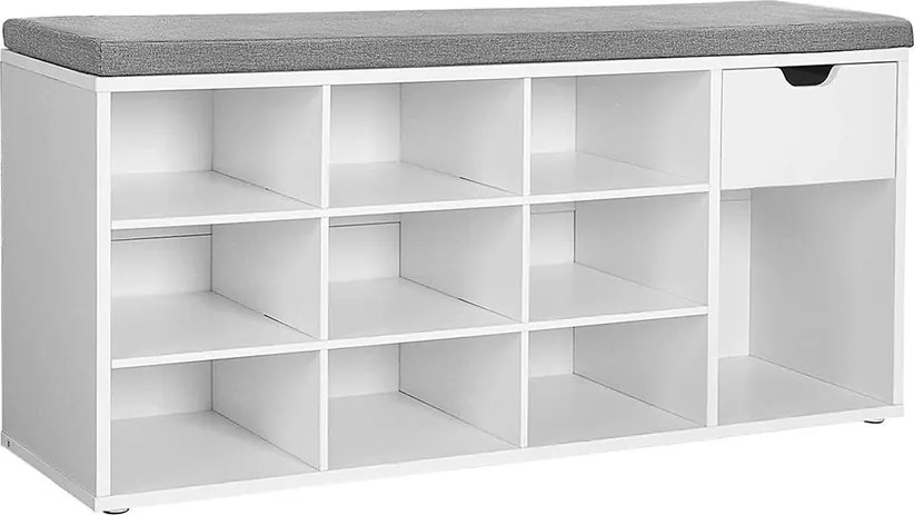Cipőpad, cipőpolc, pad fiókkal és nyitott rekeszekkel, fehér, 103x30x48 cm