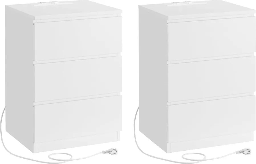 VASAGLE éjjeliszekrény 2 darabos szett, 2 hálózati aljzattal és 2 USB-porttal, fehér színben