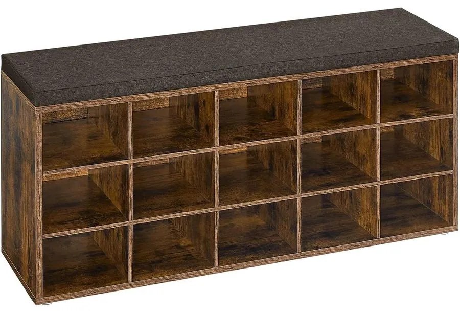 VASAGLE Cipőtartó pad, tárolós pad párnázott ülőfelülettel 30 × 105 × 48 cm, rusztikus barna színben