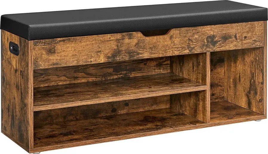 Cipőtároló pad, párnázott ülőfelülettel, 100x30x44 cm, rusztikus barna