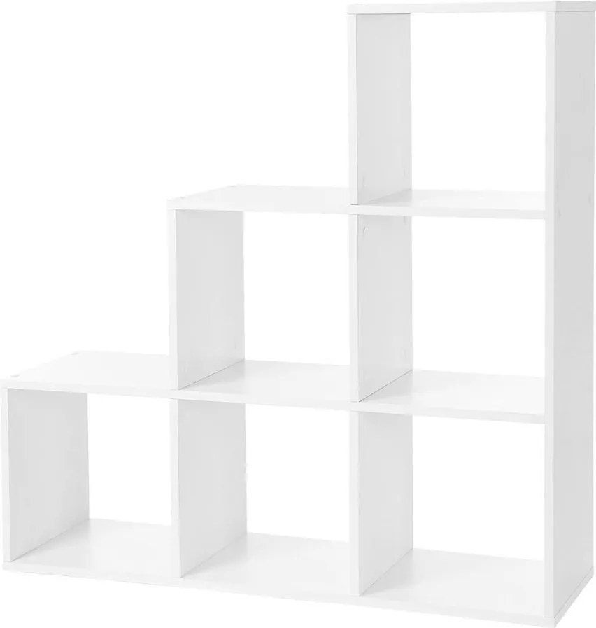 Könyvespolc, lépcsős polc 6 rekesszel, 97,5 x 97,5 x 29 cm