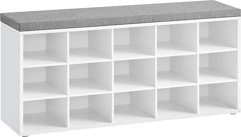 Cipőpad, cipős szekrénypárnázott üléssel, fehér és szürke, 105x30x48
