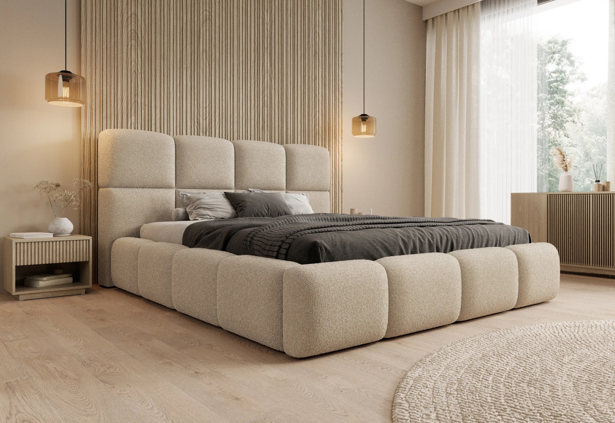 Cloud kárpitozott ágy ágyneműtartóval 180x200 cm - világos bézs Quelle 02 bouclé