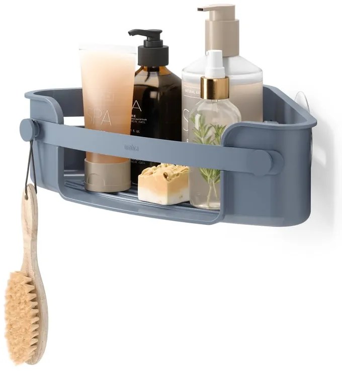 Kék öntapadós újrahasznosított műanyag fürdőszobai sarokpolc Flex  Umbra