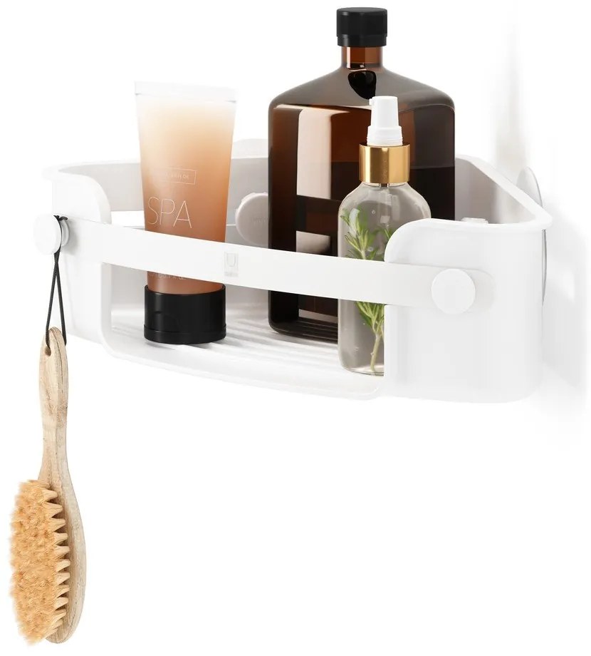 Fehér öntapadós újrahasznosított műanyag fürdőszobai sarokpolc Flex  Umbra