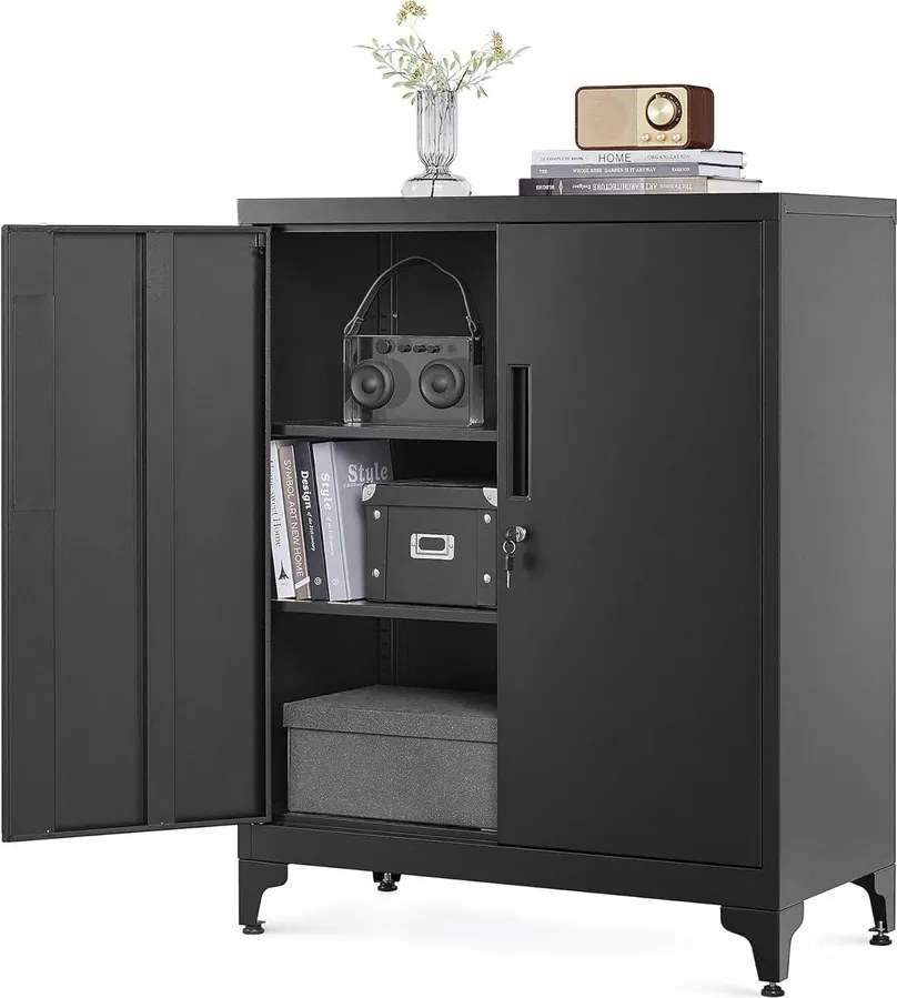 Iratszekrény, többfunkciós garázsszekrény, irodai szekrény 2 ajtóval fekete színben