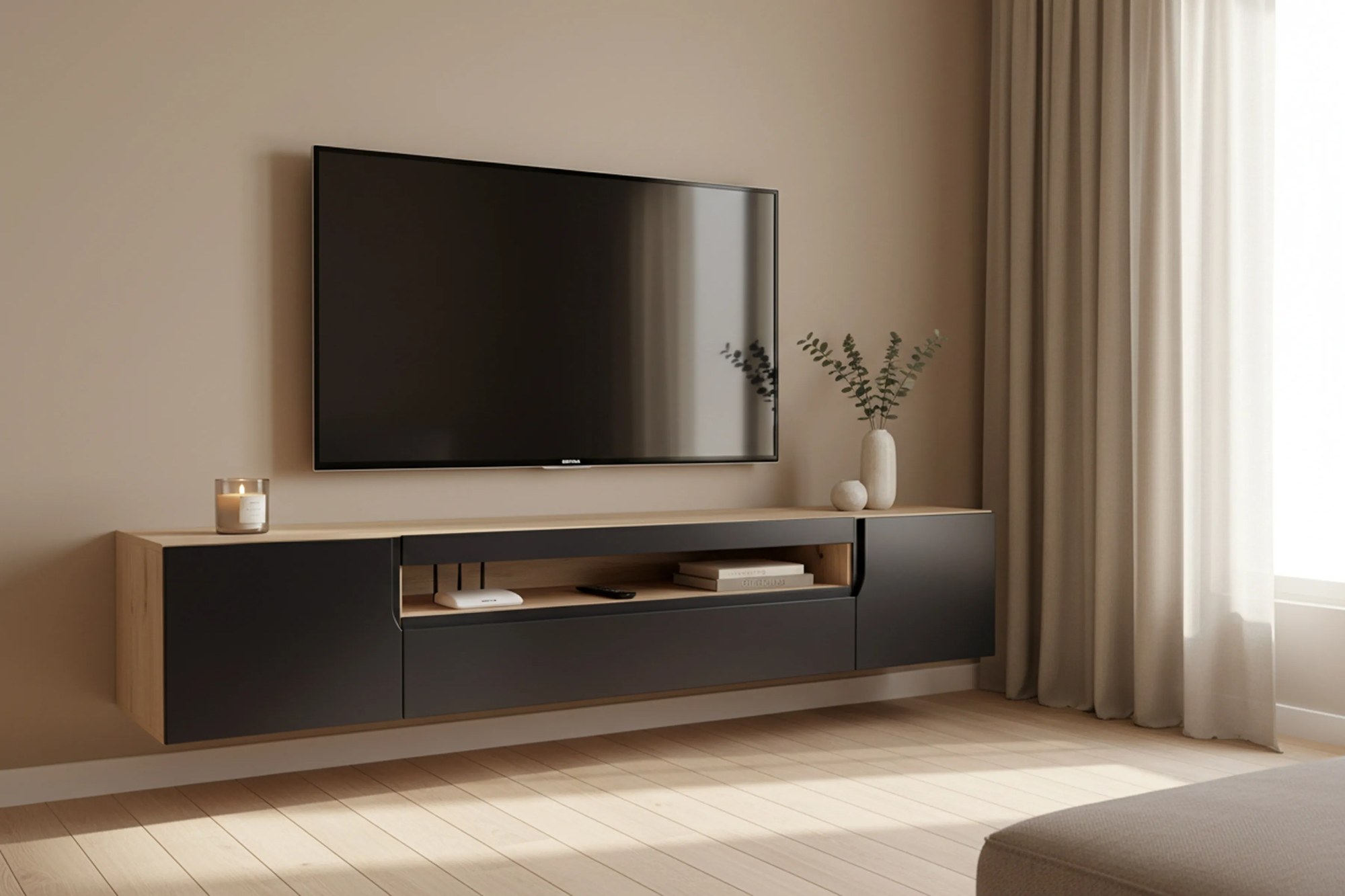 Loftia fali TV szekrény 200 cm, kétszárnyú, nyitott résszel - artisan / fekete matt