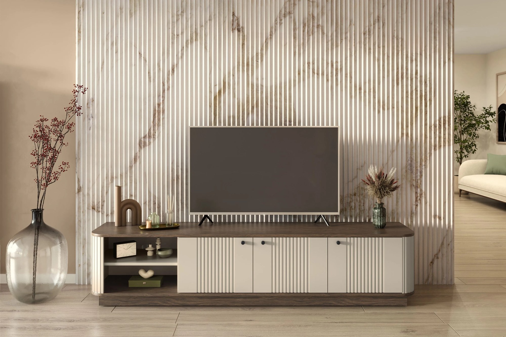 Vesper 3D TV-szekrény 187 cm talapzaton - kasmír / dió / fekete fogantyúk