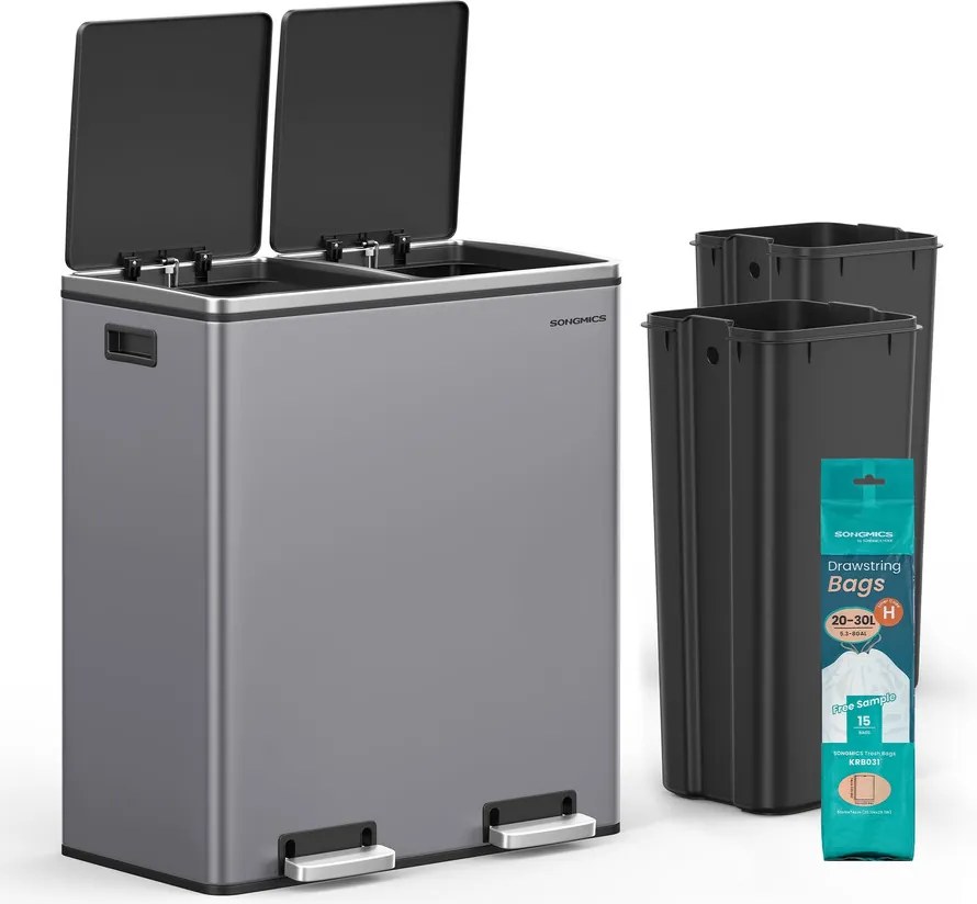 2 rekeszes Szemetes, 2 x 30 L fedéllel, szürke