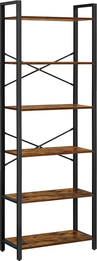 6 szintes könyvespolc tároló polc acélkerettel 66 x 30 x 186 cm , rusztikus barna