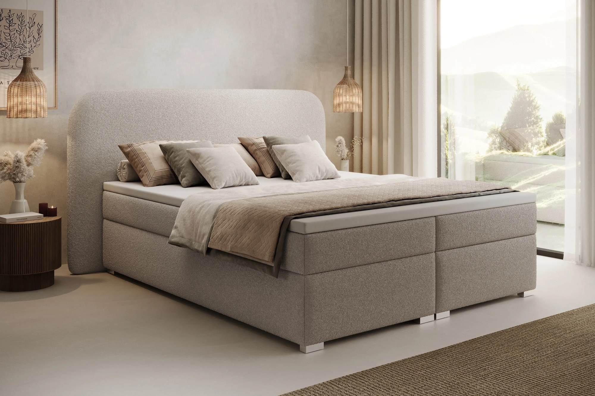 Eleris kontinentális ágy 160x200 tárolóval - sötétbézs buklé Quelle 05