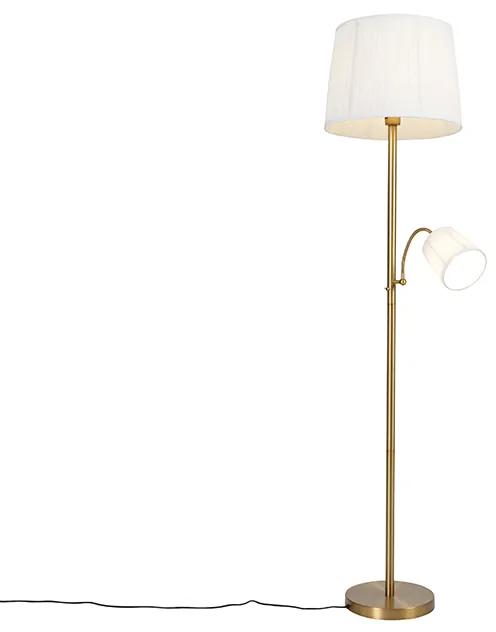 Klasszikus állólámpa bronz fehér szövetbúrával és olvasólámpával - Retro