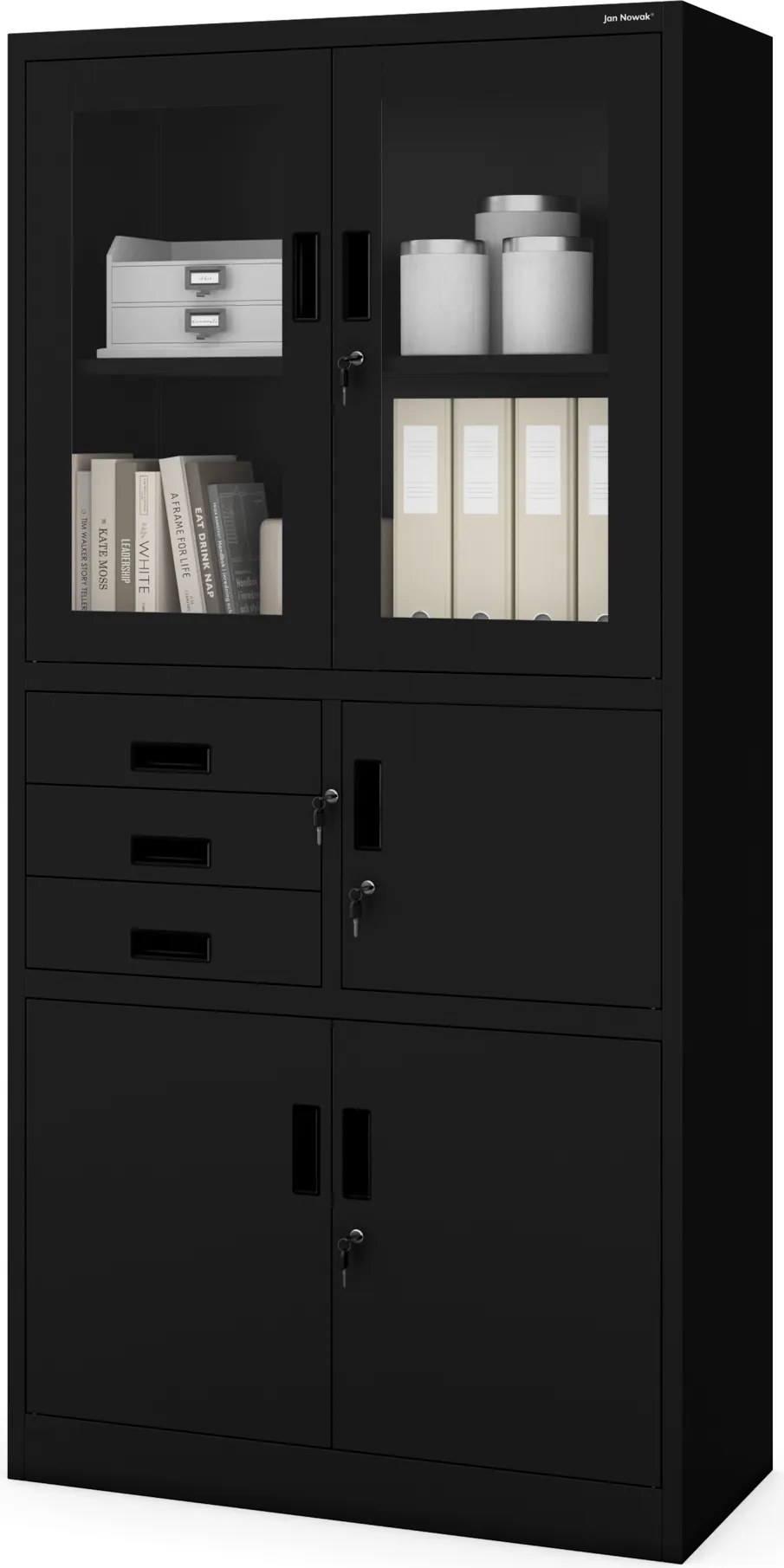 FILIP irodai fémszekrény irattartóval és iratszéffel, 900 x 1850 x 400 mm, fekete színben