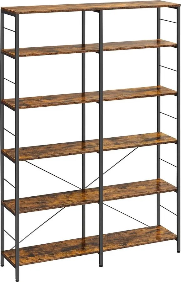6 szintes könyvespolc, magas tárolópolc, 30 x 120 x 170 cm, barna és fekete