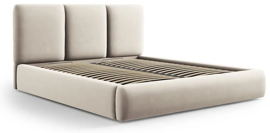 Krémszínű bársony kárpitozott ágyneműtartós franciaágy ágyráccsal 160x200 cm Brody  Mazzini Beds