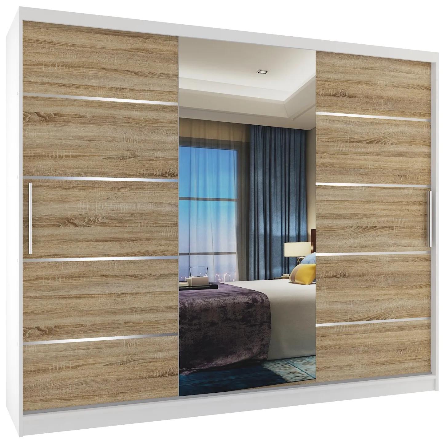 Šatníková skriňa 232 cm Belini biely mat / dub sonoma s posunými dverami zrkadlom a zásuvkami MBP SZP8/0/1W/2DS1L/0/KLAL