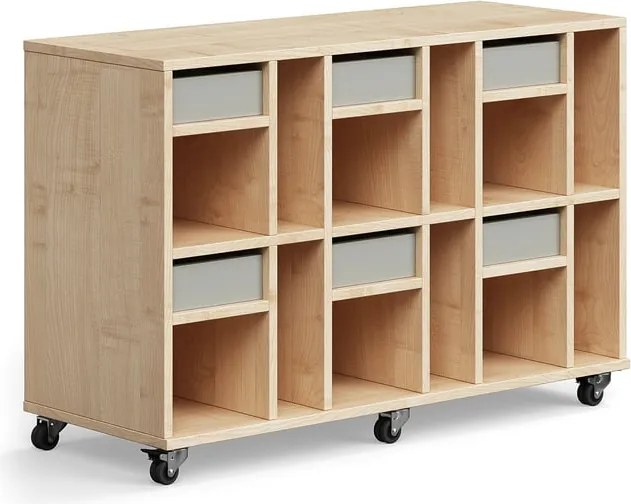 Študentská úložná skrinka CASPER, 6 zásuviek, 12 priehradiek, breza, šedá