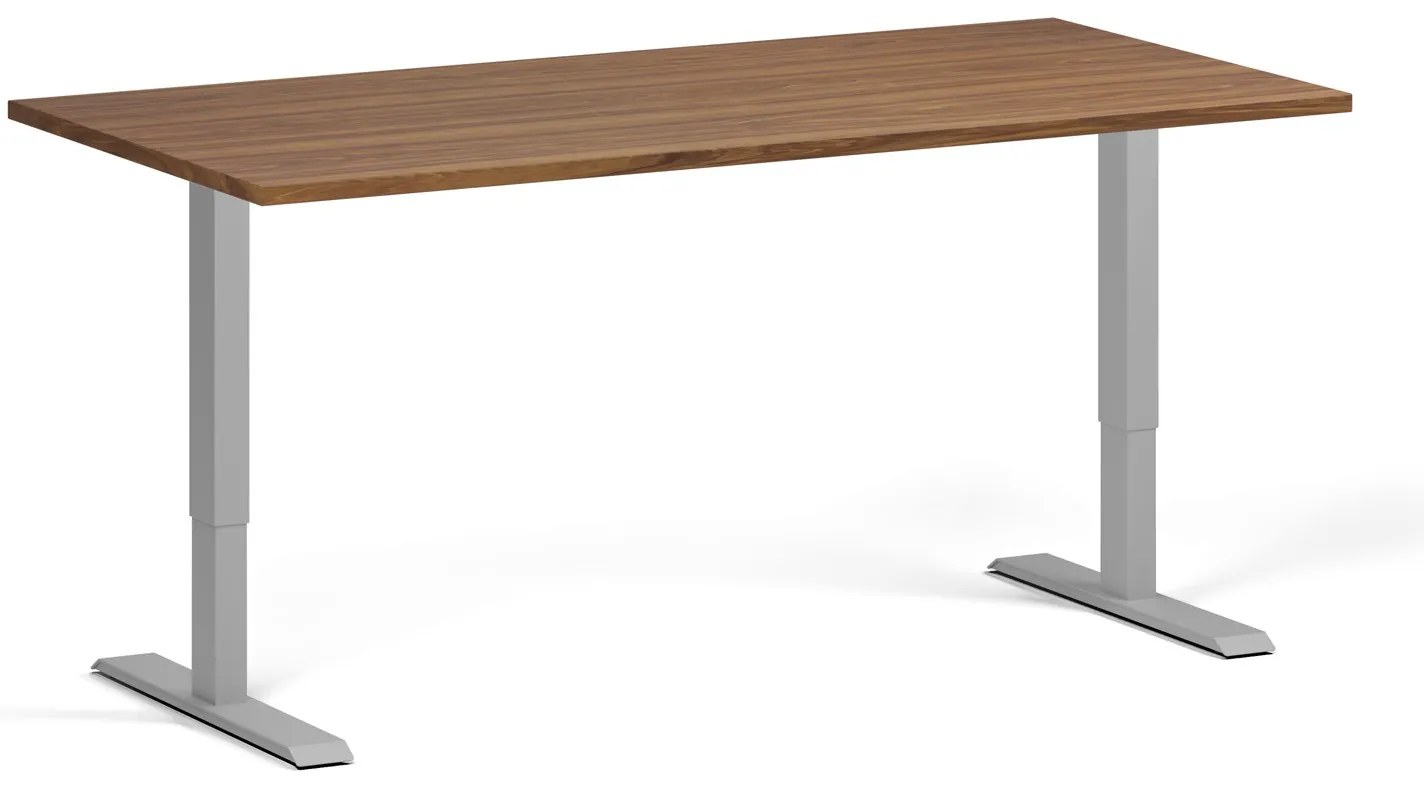 Výškovo nastaviteľný stôl, 160x80 cm, 2 motory, sivá podnož, orech
