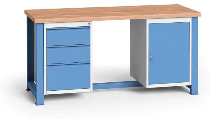Dielenský stôl KOVONA, 1 závesná skrinka a 3 zásuvky na náradie, buková škárovka, pevné nohy, 1700 mm