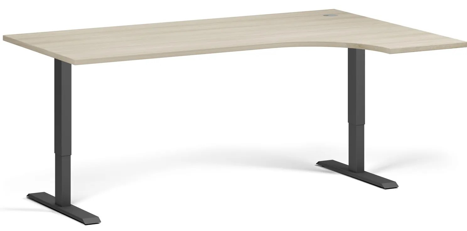 Rohový výškovo nastaviteľný stôl, 180x120 cm, 2 motory, L/P, čierna podnož, dub prírodný
