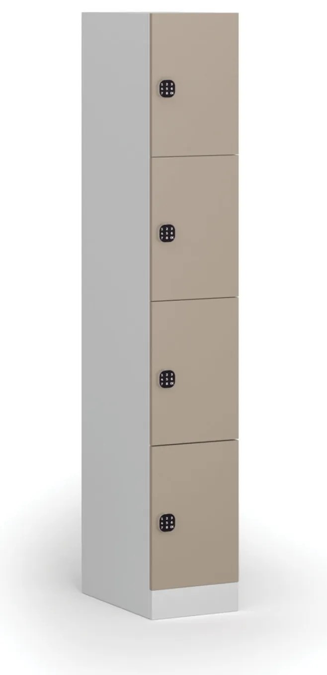 Šatníková skrinka s úložnými boxmi, 4 boxy, 1850 x 300 x 500 mm, demont, kódový zámok, béžové dvere