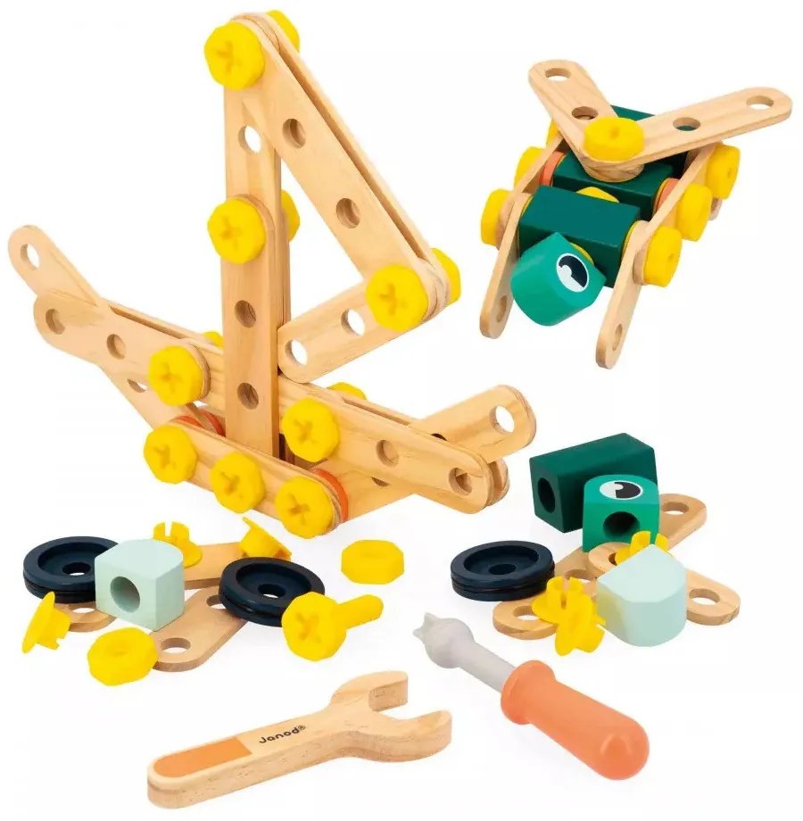 BricoKids - Drevená montážna stavebnica s náradím - 100 ks