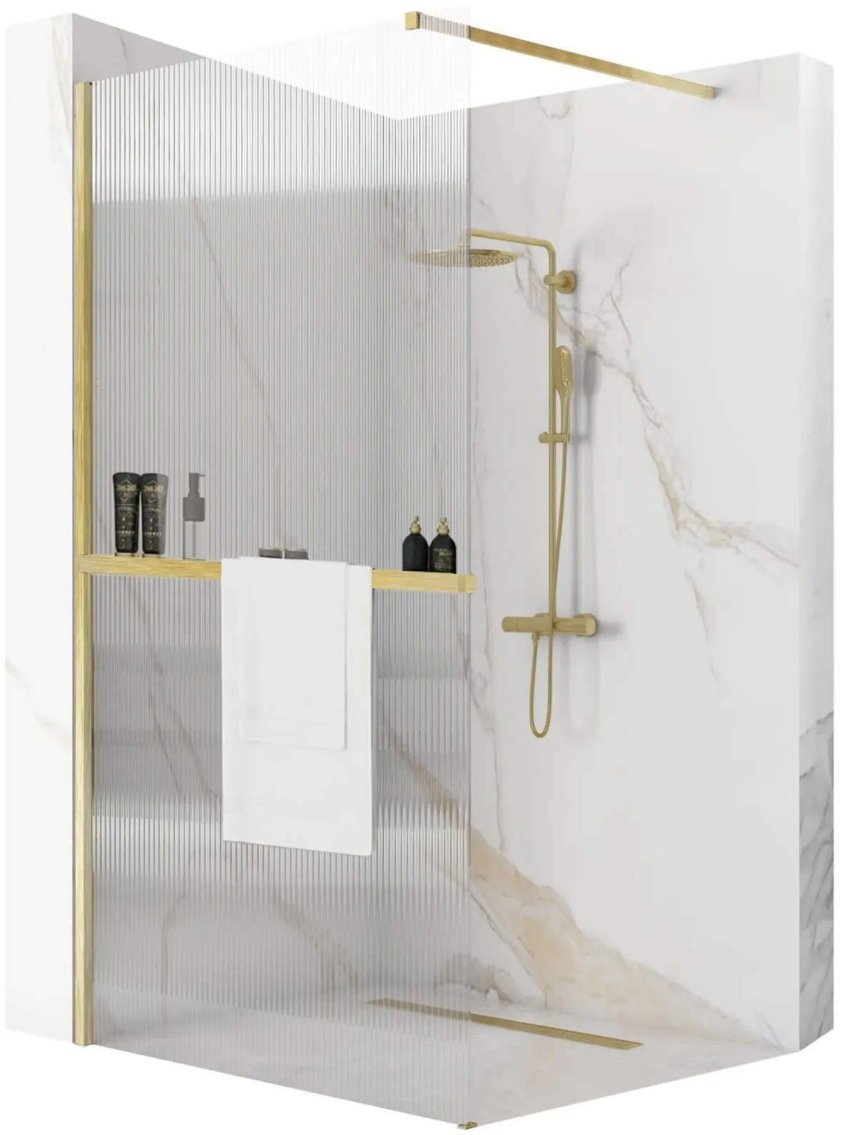 Rea Aero Intimo, sprchová zástena 100x195 cm + polica a držiak na uteráky EVO, 8mm drážkované sklo, zlatý matný profil, KPL-09138