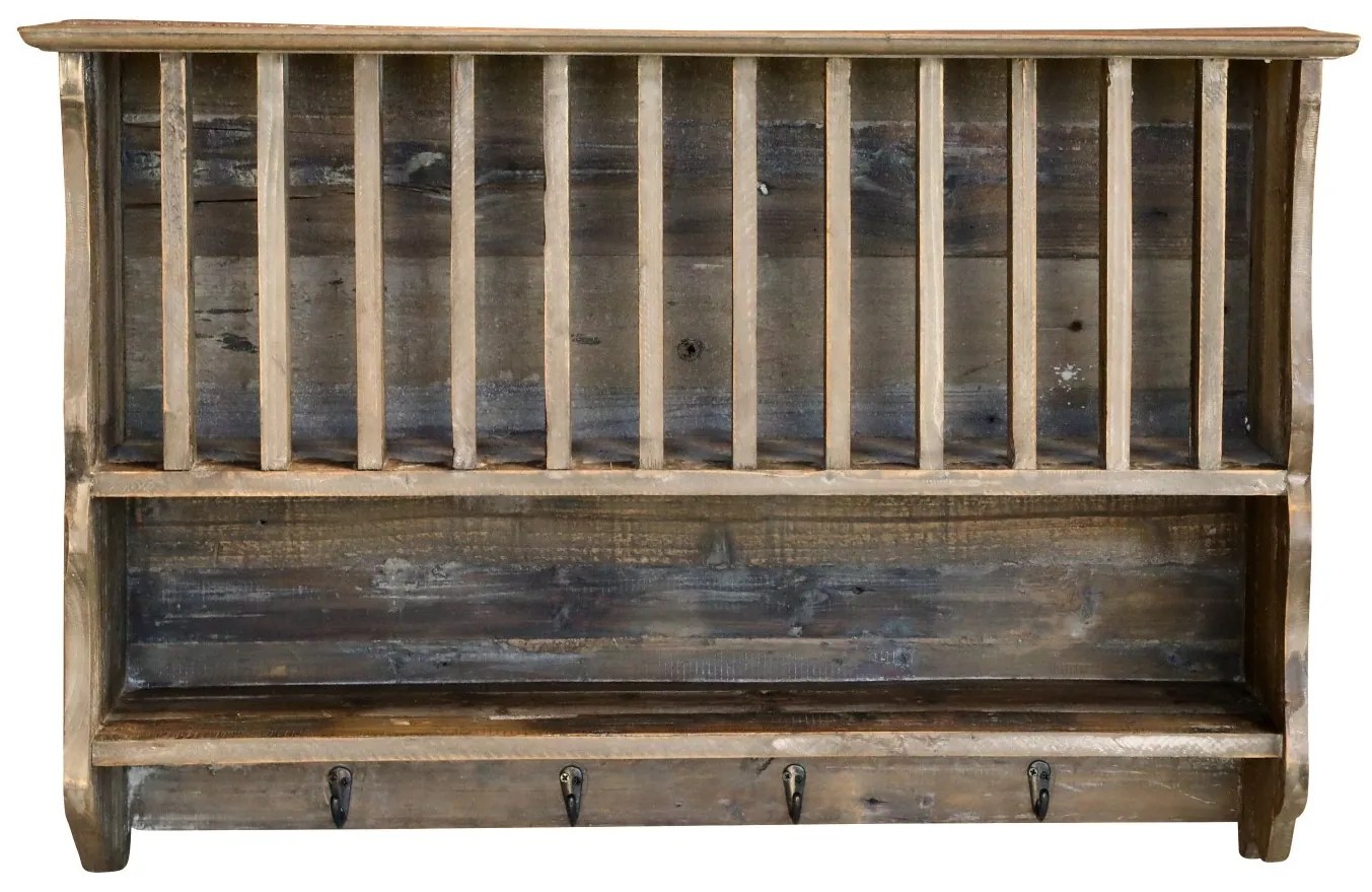 Hnedá antik drevená nástenná polička s priehradkami a háčikmi Plate Rack - 80*20*55 cm
