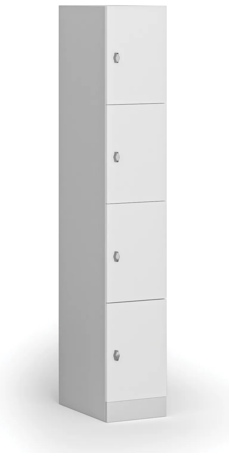 Šatníková skrinka S1 s úložnými boxmi, 4 boxy, 1850 x 300 x 500 mm, demont, otočný zámok, laminované dvere, biela