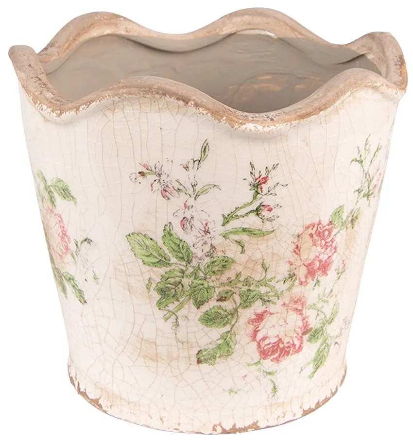 Keramický obal na kvetináč s ružami a vlnitým okrajom Rossia S - Ø12*11 cm