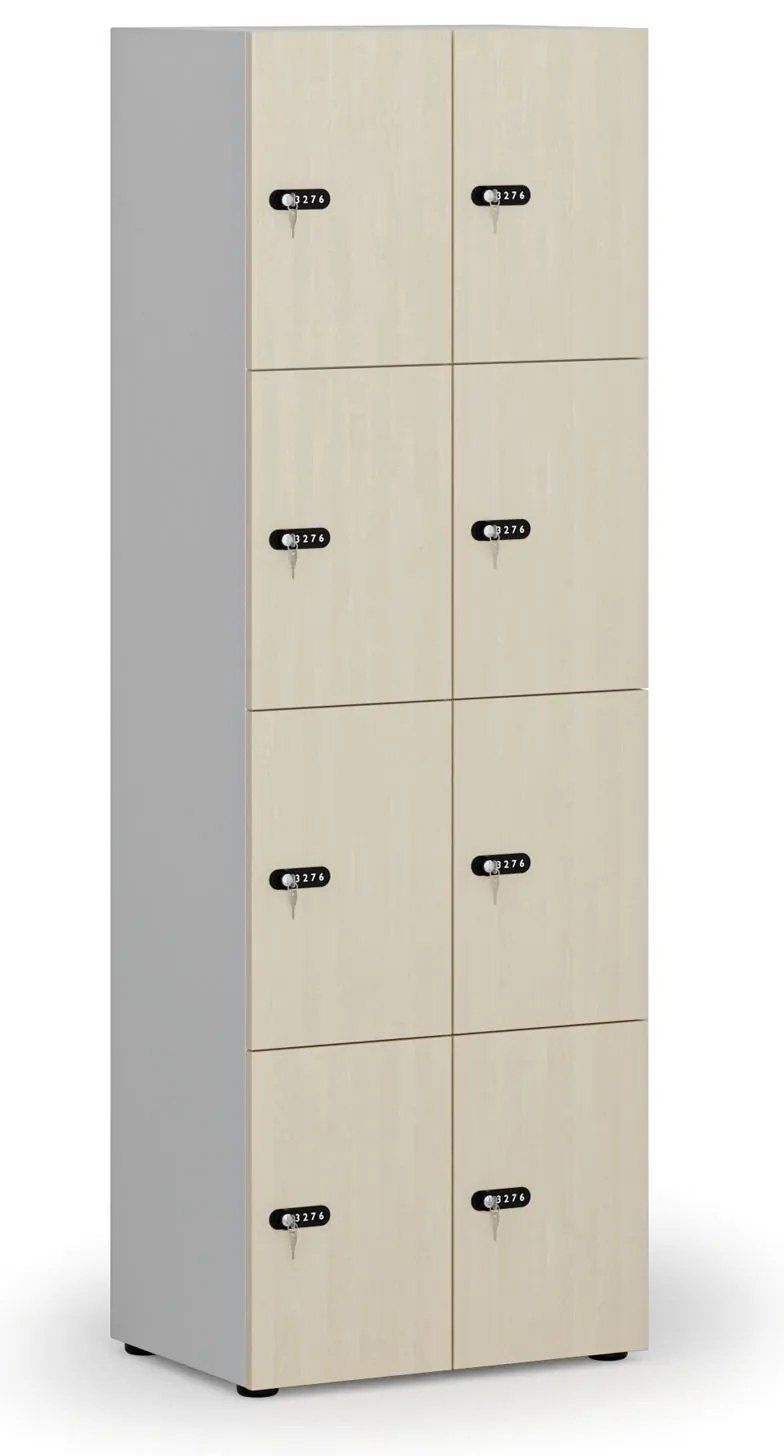 Drevená šatníková skrinka s úložnými boxmi, 8 boxov, demont, mechanický kódový zámok, sivá/breza