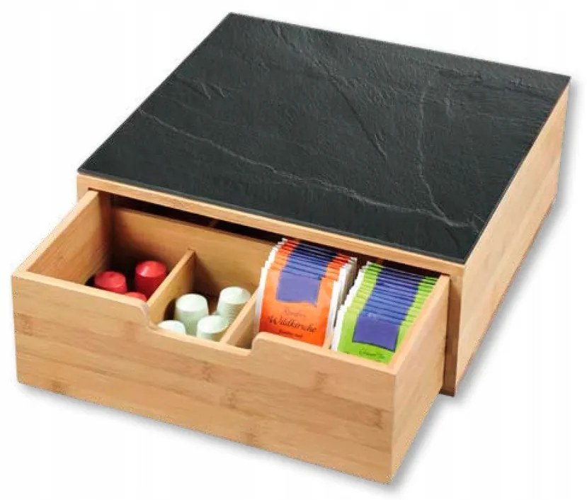 Stojan na kanvicu so zásuvkou, Organizér na čaj / kávové kapsuly, motív bridlica