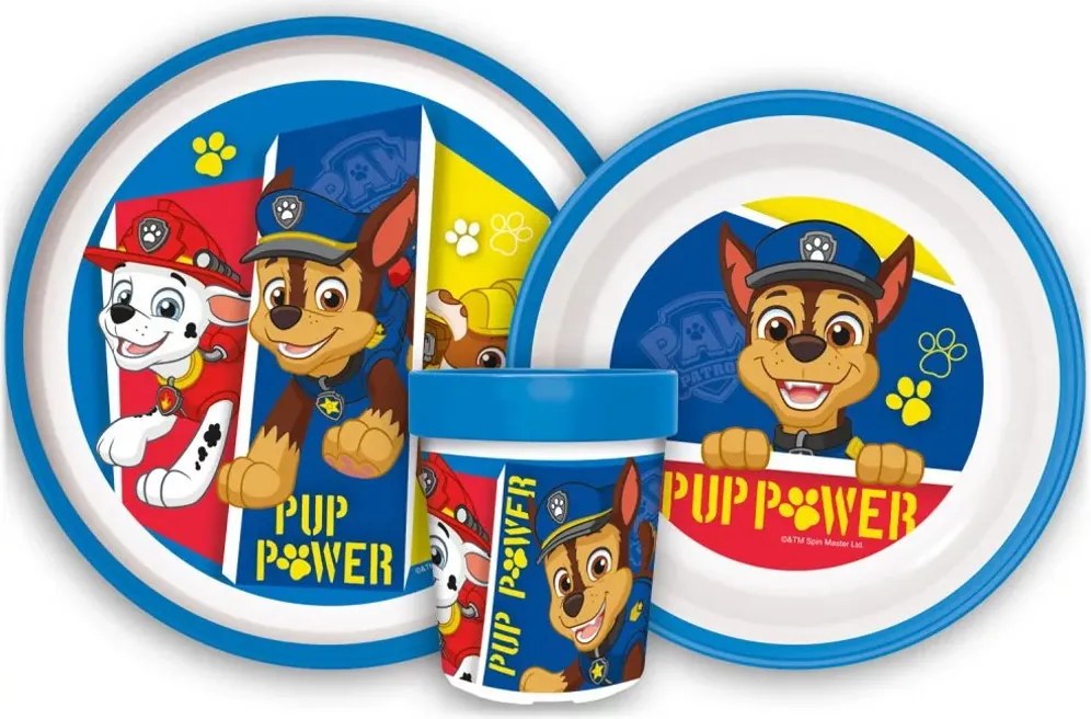 Sada plastového riadu Labková Patrola s pohárikom a protišmykom - bez obsahu BPA - 3-dielna súprava