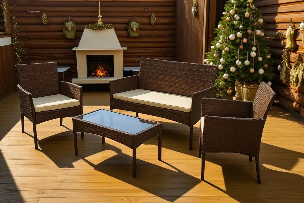 Záhradný set ratanového nábytku: Lavica + stolík + 2 kreslá - hnedá