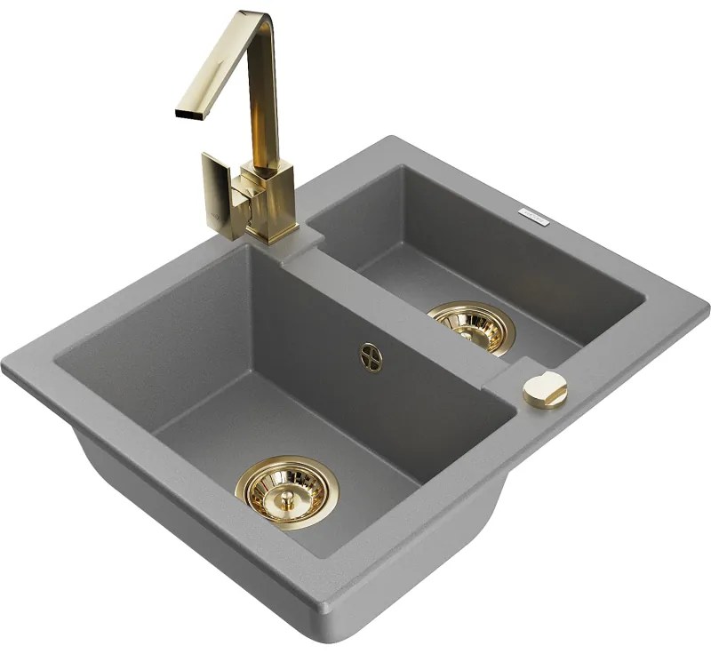 Mexen Carlos, 1,5-komorový granitový drez s odkvapkávačom 582x475x177 mm a zlatá kuchynská batéria Rita, šedá, 6518-71-670300-50