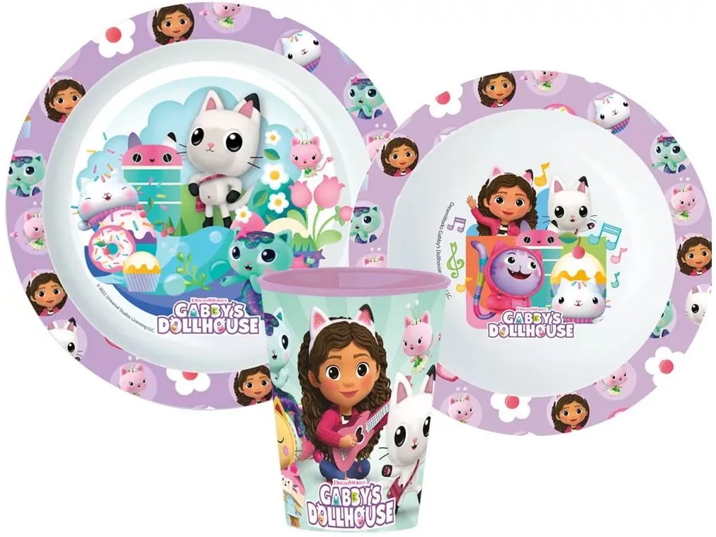 Sada plastového riadu Gábinin kúzelný domček s pohárikom - bez obsahu BPA – súprava 3 ks