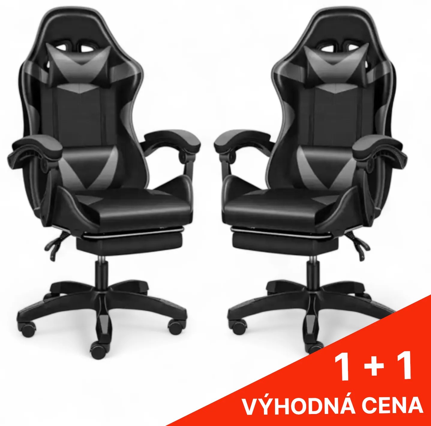 Kancelárska herná stolička s nastaviteľnou opierkou nôh - čierno-sivá 1 + 1