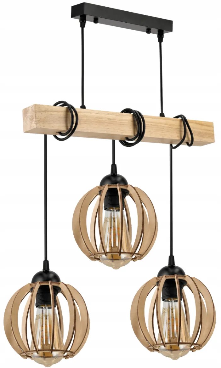 BERGE Závesné stropné svietidlo LED drevený trám 3xE27 loft drevená guľa