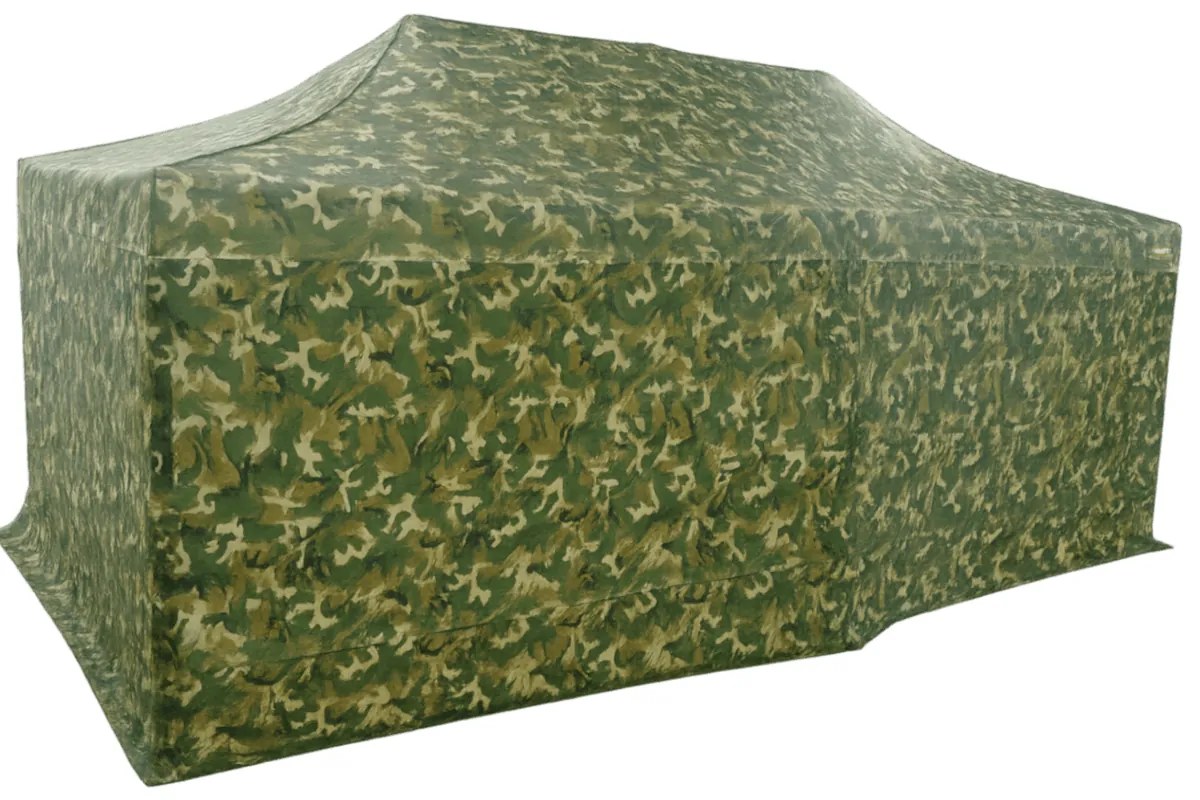 Rýchlorozkladací nožnicový stan 3x6m – oceľový, 4 bočné plachty, Maskáčová