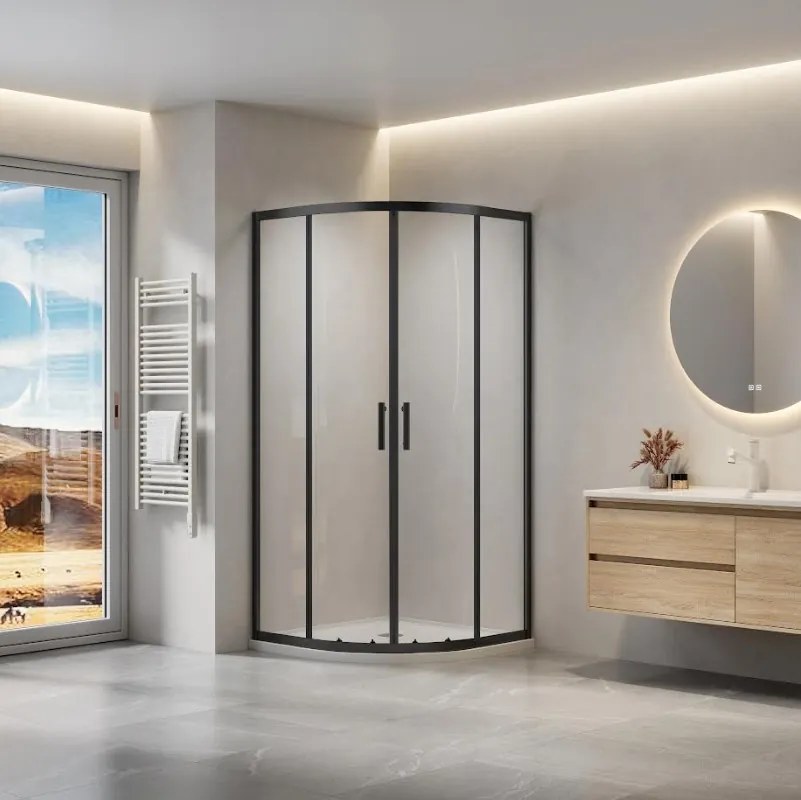 Erga Peoria, štvrťkruhový sprchový kút s posuvnými dverami 80(dvere) x 80(stena) x 190 cm, 6mm číre sklo, čierny profil, ERG-Q02-PEORIA-D080D080-CL-BK