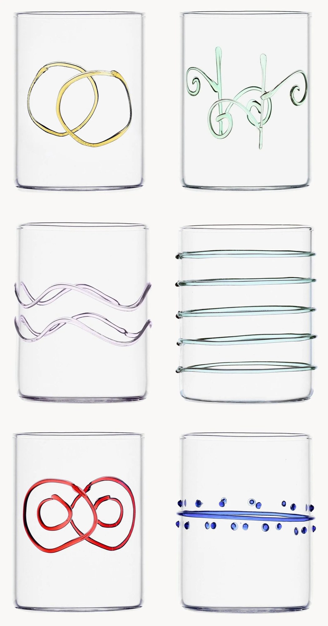 Ručne vyrobené poháre z borosilikátového skla Deco' Arlecchino, 6 ks