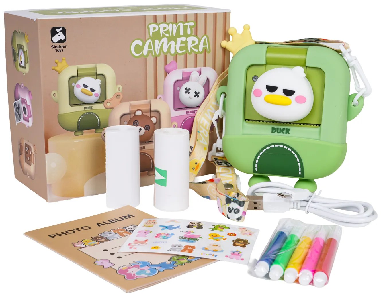 Detský fotoaparát s tlačiarňou – Medveď alebo Kačka + fixky a nálepky Tvar: Kačka