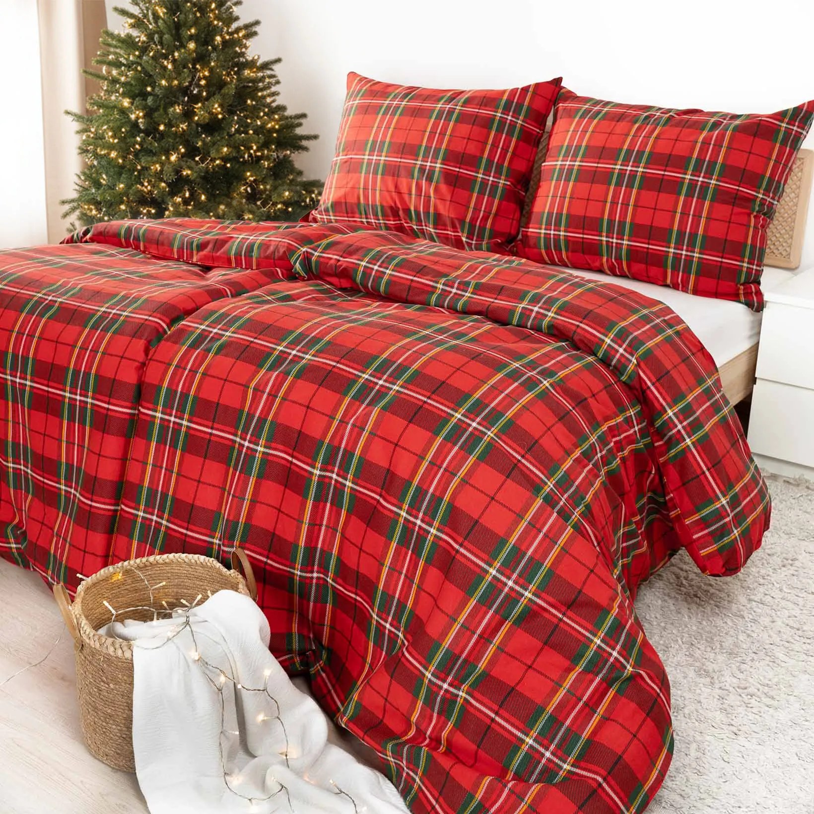 Goldea vianočné flanelové posteľné obliečky - červené káro 140 x 200 a 70 x 90 cm