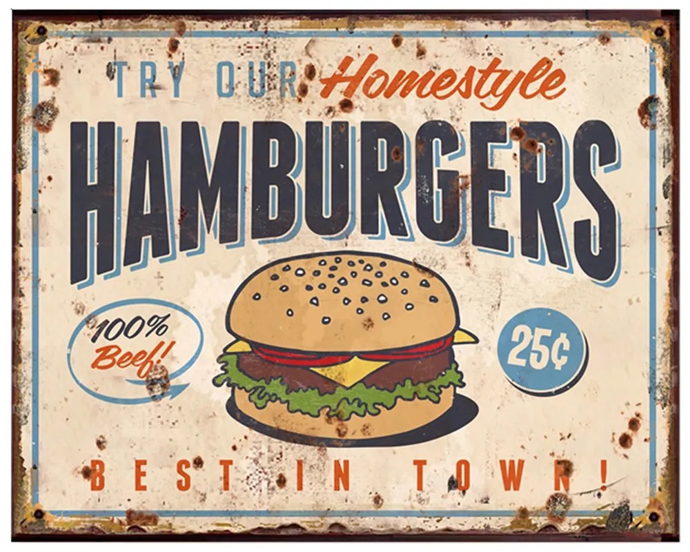 Béžová antik nástenná kovová ceduľa Hamburgers - 25*1*20 cm