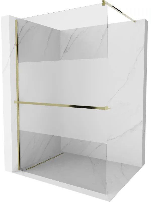 Mexen Kioto+, sprchová zástena s poličkou a držiakom na uteráky 70 x 200 cm, 8mm číre sklo vzor námraza, zlatý profil, 800-070-121-50-35