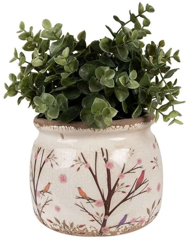 Béžový keramický obal na kvetináč s kvetmi a vtáčikmi Birdie M - Ø 16*13 cm