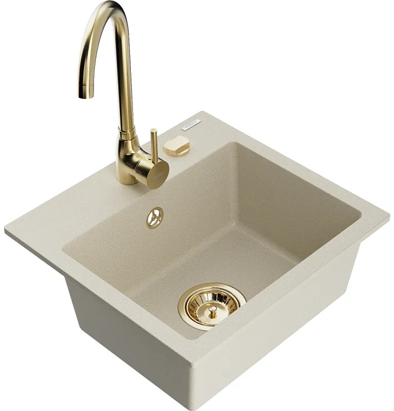 Mexen Milo, 1-komorový granitový drez 435x410x171 mm a zlatá batéria Telma, béžová, 6505-69-670200-50